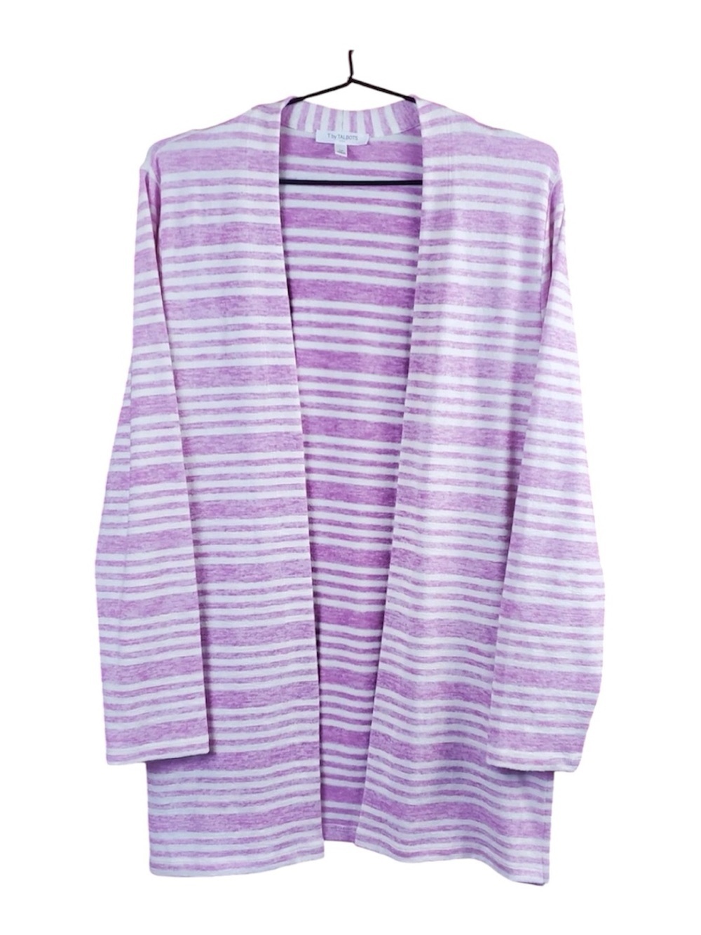 T by Talbots Long Sleeve Open Front Knit Cardigan Sweater Pink & White Stripe